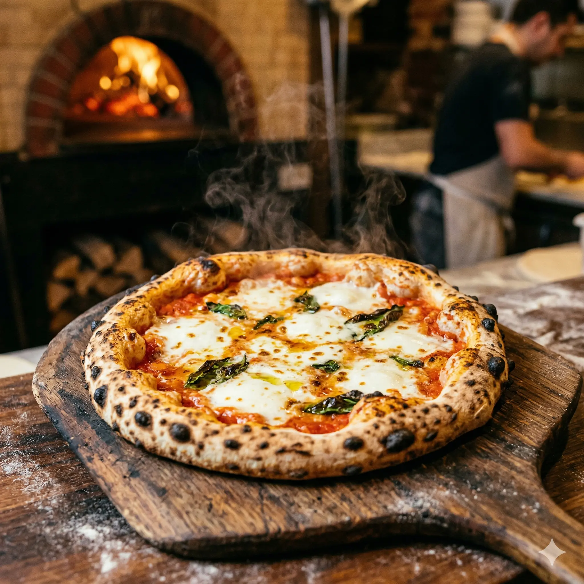 Pizza napolitaine sortant du four à bois